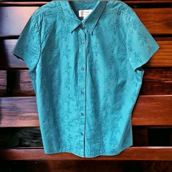 CJ BANKS Plus Size Teal/Green Short Sleeve Open Knit blouse. - Picture 2 of 15